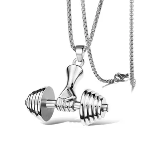 Polished silver titanium steel dumbbell pendant necklace with box chain for fitness lovers