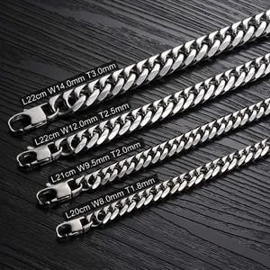 Detail view of silver stainless steel Cuban link bracelets in various widths and sizes