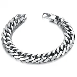 Macro detail of men's stainless steel Cuban chain bracelet with heavy duty lobster clasp
