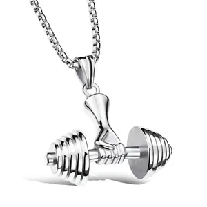 Polished silver dumbbell pendant necklace with hand grip detail on box chain for men