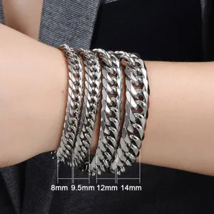 Polished stainless steel curb chain bracelets for men in 8mm to 14mm width options