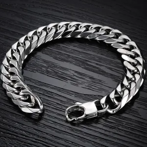 Polished silver stainless steel thick curb chain bracelet for men with lobster clasp