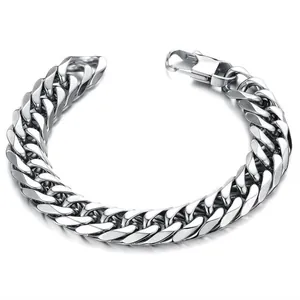 Polished stainless steel Cuban link bracelet for men with secure lobster clasp on white