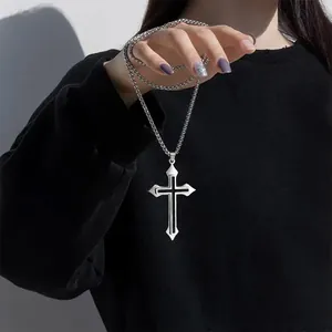 Gothic silver cross pendant with black enamel inlay on thick stainless steel chain