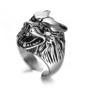 Vintage Wolfskopf Ring verstellbar aus antikem Silber mit detailreicher Gravur
