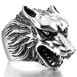 Vintage silberner Wolfskopf Ring mit aufwendigen Punk-Details und 3D-Felltextur