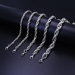 Close-up of five silver rope chains in varying widths with lobster claw clasps