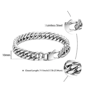Polished silver stainless steel cuban link bracelet 10mm width with lobster clasp