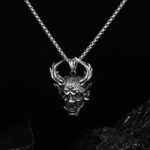 Gothic hannya demon skull pendant necklace in vintage stainless steel with box chain