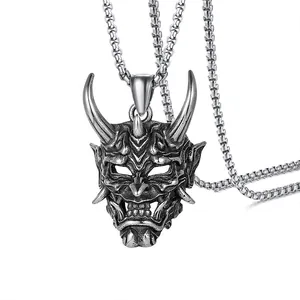 Collar colgante de máscara Hannya vintage en acero de titanio con cadena box para hombre
