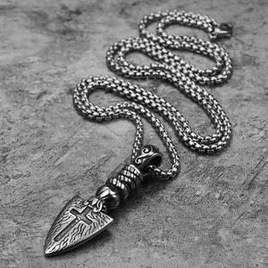 Vintage stainless steel arrow necklace with cross relief and retro textured pendant