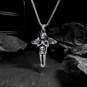 Collier pendentif ange priant en acier inoxydable rétro avec chaîne à mailles