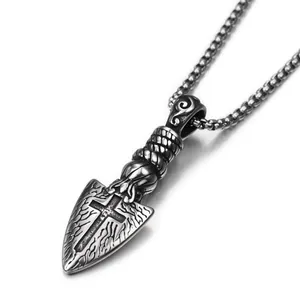 Retro stainless steel arrow necklace with carved cross on square chain for men