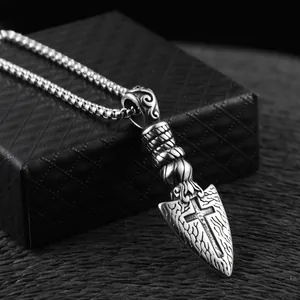 Vintage stainless steel arrow pendant necklace with cross and black beaded chain