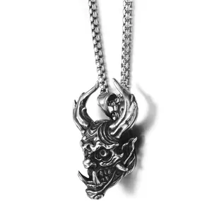 Retro stainless steel Oni Mask pendant necklace with horned skull and gothic chain