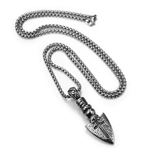 Vintage stainless steel arrow necklace with engraved cross pendant in silver finish