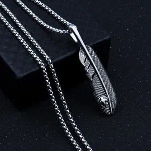Vintage stainless steel feather pendant necklace with box chain in retro silver finish