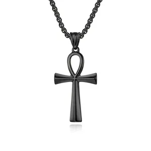 Black stainless steel Ankh cross pendant necklace for men with a solid link chain