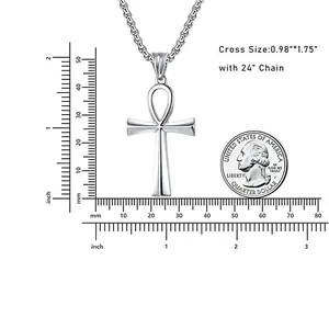 Silver steel Ankh cross necklace pendant size 1.75 inch with a 24 inch chain