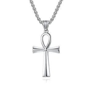Polished silver stainless steel Ankh cross pendant with box chain on white background