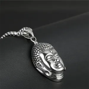 Vintage silver Buddha head pendant necklace with thick stainless steel square chain
