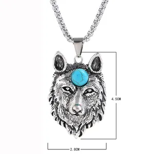 Collier pendentif tête de loup punk rétro en acier inoxydable de 4,5 cm sur 2,8 cm de large