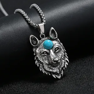 Pendentif tête de loup punk avec perle bleue en acier inoxydable sur cuir noir