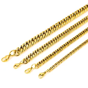 Detailed comparison of four gold Cuban link chains with lobster clasps in various widths