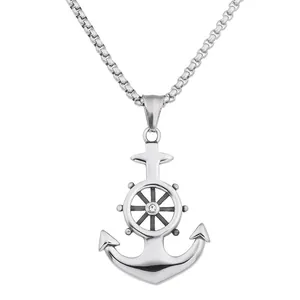 Vintage silver anchor and ship wheel pendant necklace with zircon for men and women