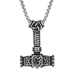 Viking Mjölnir Μενταγιόν Κολιέ για Άνδρες Ανοξείδωτη Αλυσίδα Αντίκ Ασημί Σφυρί του Thor Ρούνοι Σκανδιναβικά Κοσμήματα