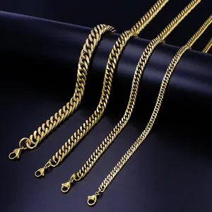 Detail showing four different widths of golden stainless steel Cuban link chains with lobster clasps