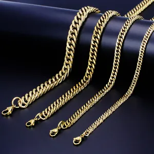 Detail showing four different widths of polished golden stainless steel Cuban link chains