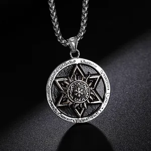 Retro hexagram sun medal pendant in silver titanium steel with a box chain for men