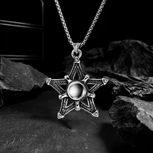 Retro roestvrijstalen halsketting met pentagram ster hanger in vintage zilver voor heren