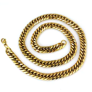 Close-up of bold golden cuban link necklace with polished finish and lobster clasp