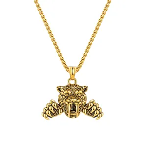 Collier pendentif tête de tigre doré avec griffes sur chaîne en acier robuste