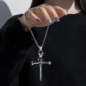 Men's gothic punk skull cross pendant necklace in silver stainless steel finish