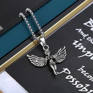 Collar con colgante de ángel cupido vintage con cadena de caja en plata antigua