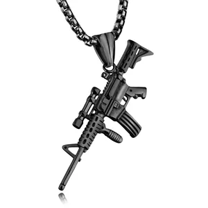 Matte black stainless steel AK47 assault rifle pendant necklace with long box chain for men