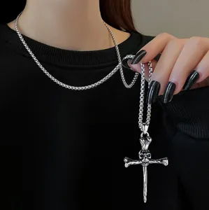 Mens gothic skull cross necklace in vintage silver steel with a detailed box chain