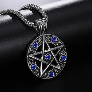 Macro view of gothic pentagram pendant necklace with blue stones and retro steel chain
