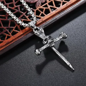 Gothic skull cross pendant necklace in vintage silver-tone titanium steel for men