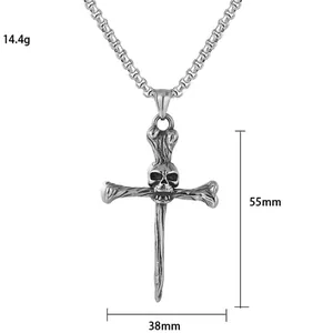 Men's gothic skull cross pendant necklace in vintage stainless steel punk style