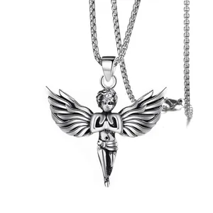 Collar colgante de Cupido con alas de ángel retro en acero inoxidable plateado antiguo