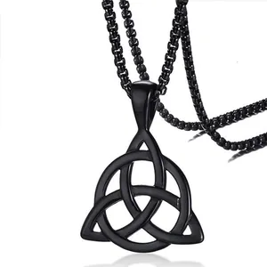 Men's matte black stainless steel Celtic knot pendant necklace with box chain