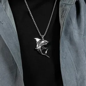 Men's hip hop shark pendant necklace in polished titanium steel worn on circular chain