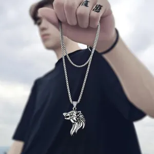 Men's gothic stainless steel wolf head pendant necklace with vintage silver finish