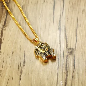 Golden Egyptian pharaoh pendant necklace in stainless steel with a vintage box chain