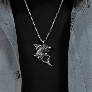 Hip hop shark pendant necklace in stainless steel with silver box chain for men
