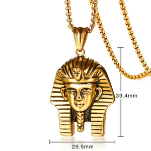 Polished gold stainless steel Egyptian Pharaoh pendant necklace with size dimensions